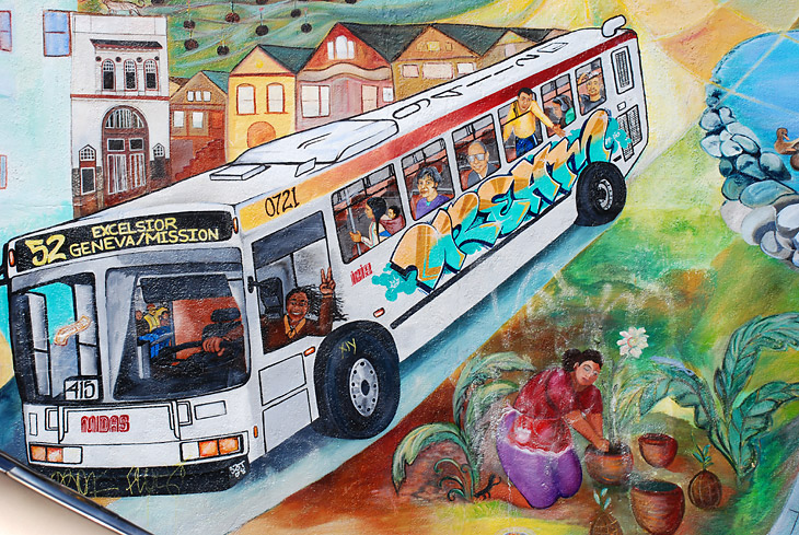 Waiting for the 52 Excelsior mural by Marta Ayala